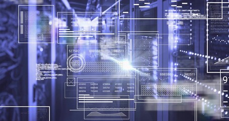 Glowing server racks and data overlays illuminating data center aisle with cables, LED lights