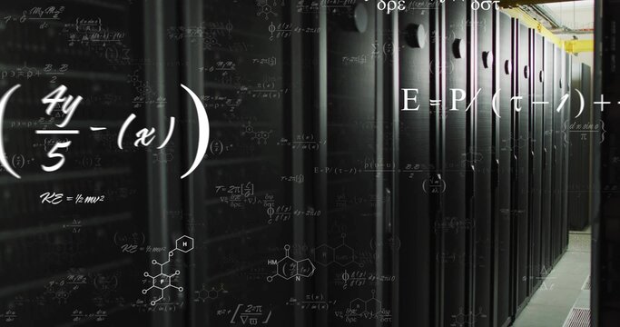 Displaying black server racks in data center corridor with trays vents and math, chemical overlays