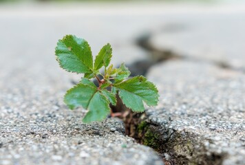 Tiny green plant emerging from a cracked concrete surface, signifying resilience and growth, bathed in soft, natural light