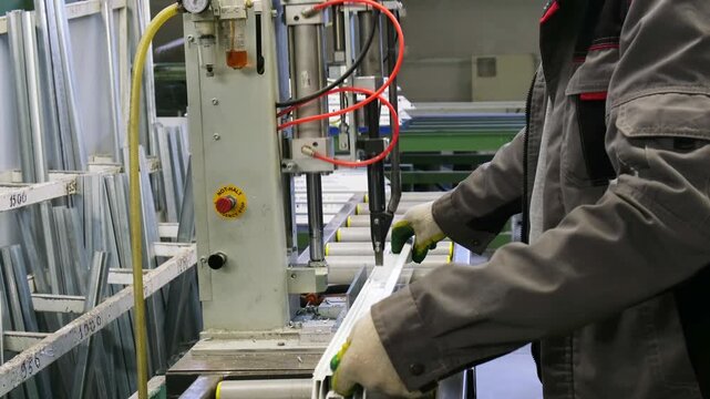 Factory worker assembling pvc window frame