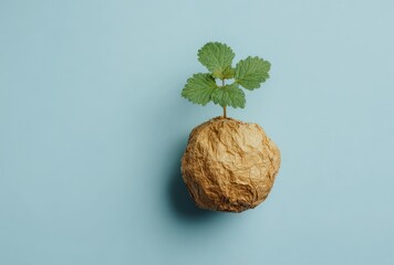 A single green sprout emerges from crumpled brown paper resting on a soft blue background, symbolizing growth and new beginnings