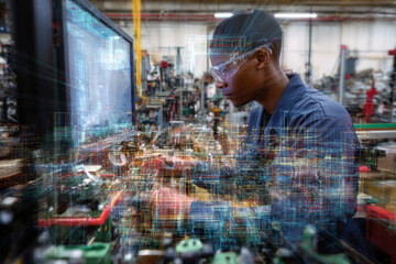 Engineer analyzing data on a futuristic interface in a factory