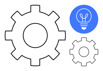 Large black gear alongside a smaller gear and a blue circle with a lightbulb symbol. Ideal for innovation, problem-solving, creativity, engineering, technology, teamwork, simple landing page