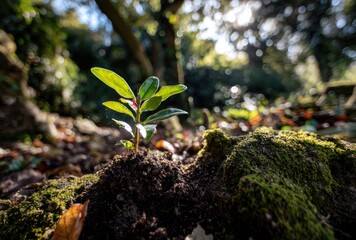 Tiny sapling emerges from dark soil and moss-covered earth in a sun-dappled forest, symbolizing growth and new beginnings