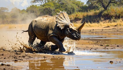 Fototapeta premium A large, prehistoric-looking quadruped runs through shallow water, splashing muddy droplets into the air. Dry grasses and trees form the background, with a blue sky and light