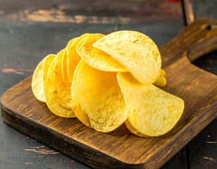 Stack of golden tortilla chips on a wooden board