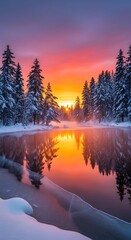A breathtaking winter sunrise reflects beautifully on a serene, icy lake, surrounded by snow-covered pines.