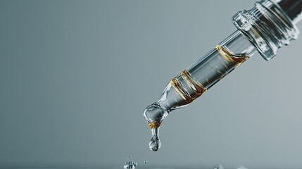 Close-Up of a Dropper with Liquid Droplet against Gray Background