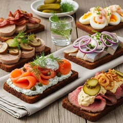 Assorted open-faced sandwiches, featuring smoked salmon, sliced roast beef, seafood, and liver p?t?, displayed on a light-colored tablecloth over a light-colored wooden surface.