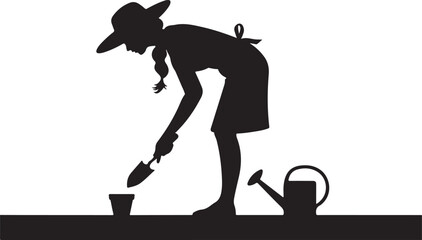 Silhouette of woman gardening with trowel and watering can