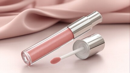 Glossy Pink Lip Gloss on Soft Fabric Background for Makeup Themes