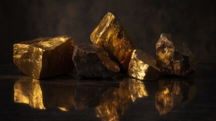 Naklejka premium Glimmering Gold Rocks on Dark Surface with Reflections and Shadows