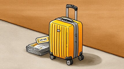 Travel essentials yellow suitcase with travel papers airport terminal illustration modern close-up adventure planning