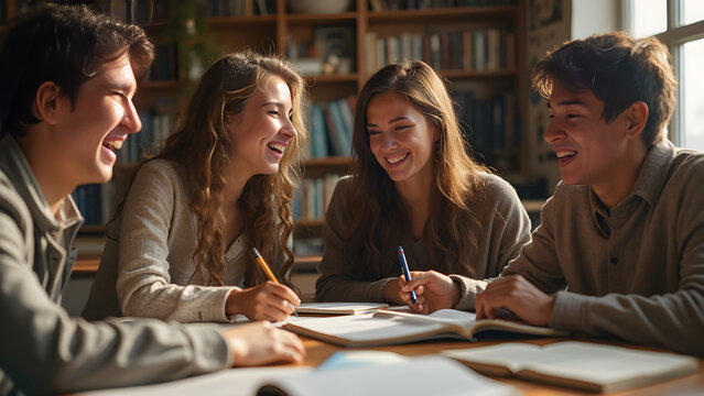 study group fun moments. textbooks and laughter in learning. effective study techniques and teamwork. building friendships while studying.