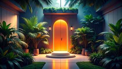 Tropical doorway, illuminated at night