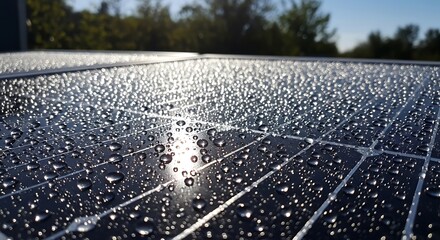 Water droplets reflect sunlight on a solar panel surface, highlighting the grid pattern.