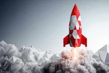 A red & white polygonal rocket launches, creating smoke over faceted ground. Modern, geometric & minimalist. Dramatic lighting enhances the scene