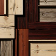 A geometric arrangement of various wood tones and textures creates a visually engaging abstract design.
