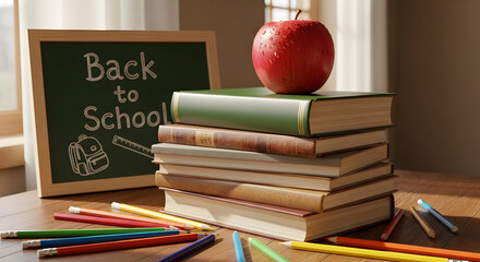 Stack of vintage books topped with a red apple with a chalkboard and colorful pencils on a wooden table