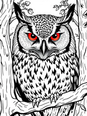 Minimilist detailed black and white owl with piercing red eyes perched on a tree branch in the forest scene vector