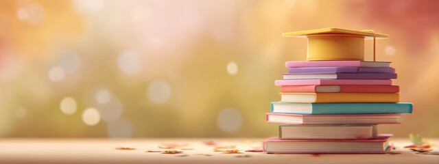 Stack of pastel books with a golden graduation cap on top. Confetti dots the surface in front of a blurred bokeh background