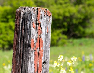 Weathered wooden post in a field
