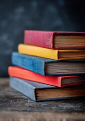 Stack of five colorful, well-worn books with fabric covers rests on a distressed wooden surface, set against a dark, textured backdrop