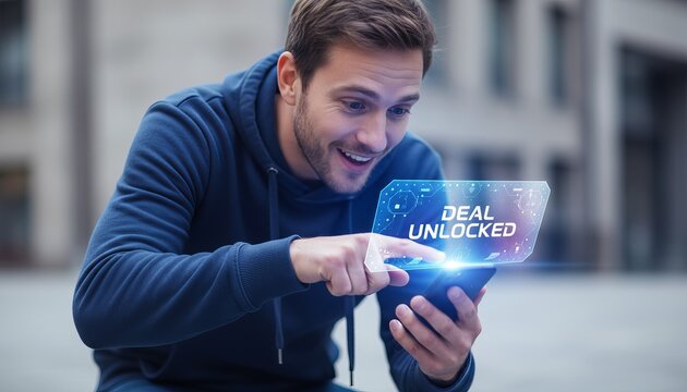 Excited man engages with holographic Cyber Monday deal on smartphone - Powered by Adobe