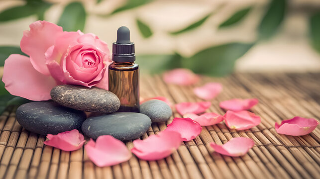 Pink roses and smooth stones offer a blissful spa aromatherapy experience, promoting relaxation and wellness - Powered by Adobe