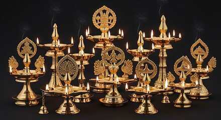 A collection of intricately designed, gold-toned oil lamps, displaying vibrant flames and intricate carvings.