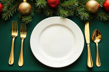 Christmas table top view: empty plate, golden cutlery. Festive setting, New Year decorations. Shiny baubles, fir branches, evergreen tree. Celebration banquet. Dark green frame, gold and red ornaments