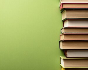 Stack of bound books with colored spines against a solid, light green backdrop, presented from a top-down perspective
