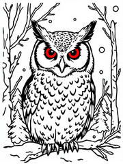 Minimilist illustration of a horned owl with red eyes perched on a branch surrounded by bare trees in winter time vector