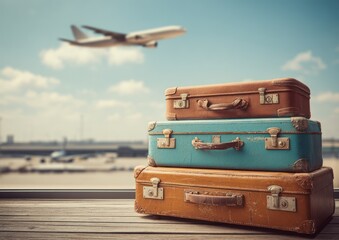 Stacked vintage suitcases sit near a window with an airplane taking off in the distance against a blue sky filled with fluffy clouds