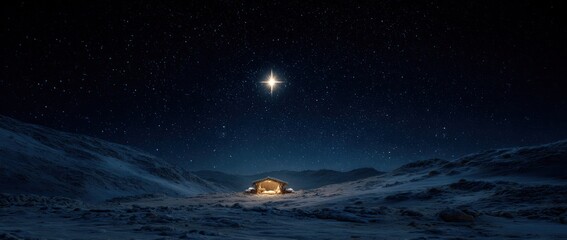 Night scene featuring a single bright star over a humble structure in a snowy, hilly landscape under a vast, starry, dark blue sky