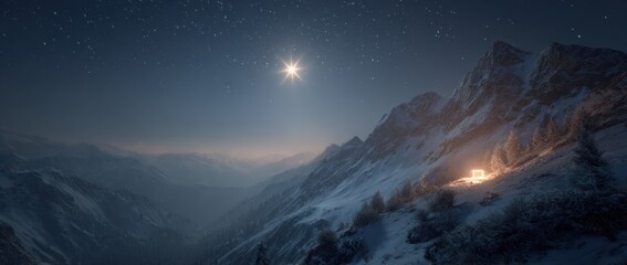 A serene, snow-covered mountain range under a starry night, with a bright star illuminating a small cabin nestled on the mountainside