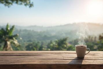 Steaming mug on wood against a hazy mountain backdrop. Sunlight shining through. Focus on table, blurred scenery. Morning beverage concept