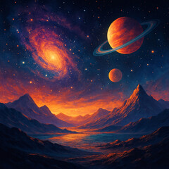 Spectacular alien world landscape with glowing nebula, massive planets, swirling galaxy and starry cosmic sky digital art illustration