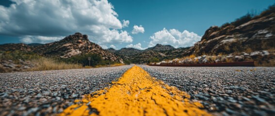 A road with a yellow line stretches into the distance towards mountains under a bright blue sky with fluffy clouds