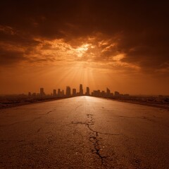 A cracked asphalt road stretches toward a distant city skyline under a dramatic, orange-toned sky with radiating sun rays