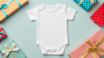 White baby onesie surrounded by colorful wrapped gifts for a special celebration or baby shower