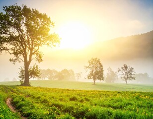 Fototapeta premium spring landscape with some fog in golden morning light