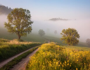 spring landscape with some fog in golden morning light