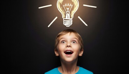 Kid imagining education with doodles on chalkboard background in 