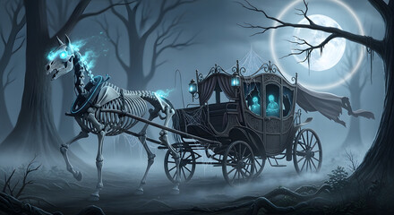 Ethereal journey of a spectral carriage and its skeletal horse under a full moon