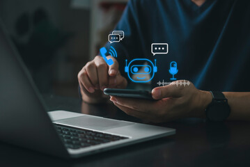 Chatbot, Support person uses a smartphone next to a laptop with chat bubbles, call, and mic icons...