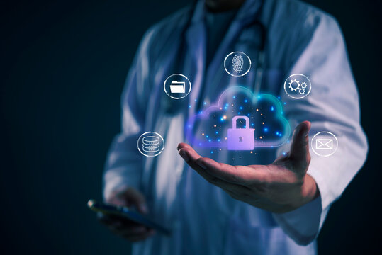 Healthcare, Cloud doctor showcases a secure cloud with lock and data icons in a dark clinic to represent protected patient records, privacy controls, and HIPAA ready medical cloud security concept.