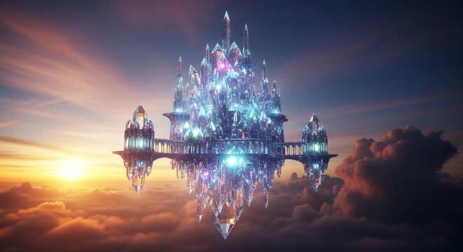Crystal Castle Floating Above the Clouds at Sunset, Fantasy Architecture - Powered by Adobe