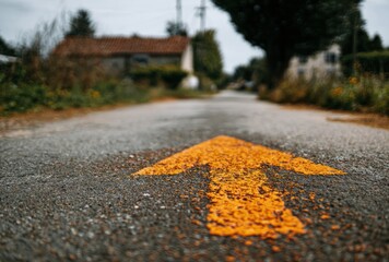 A blurred rural road shows a vibrant yellow direction arrow painted on its surface, leading towards a blurred house and trees