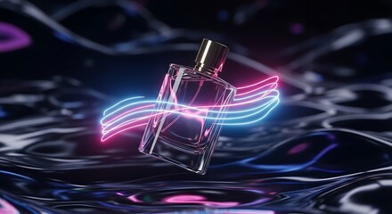 Fototapeta premium Rectangular perfume bottle with a gold cap surrounded by glowing pink and blue waves